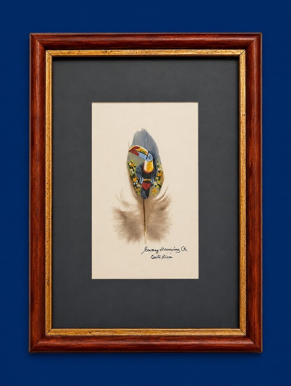 Vtg ARTISAN Signed Costa Rica Framed Feather Art with Toucan Design